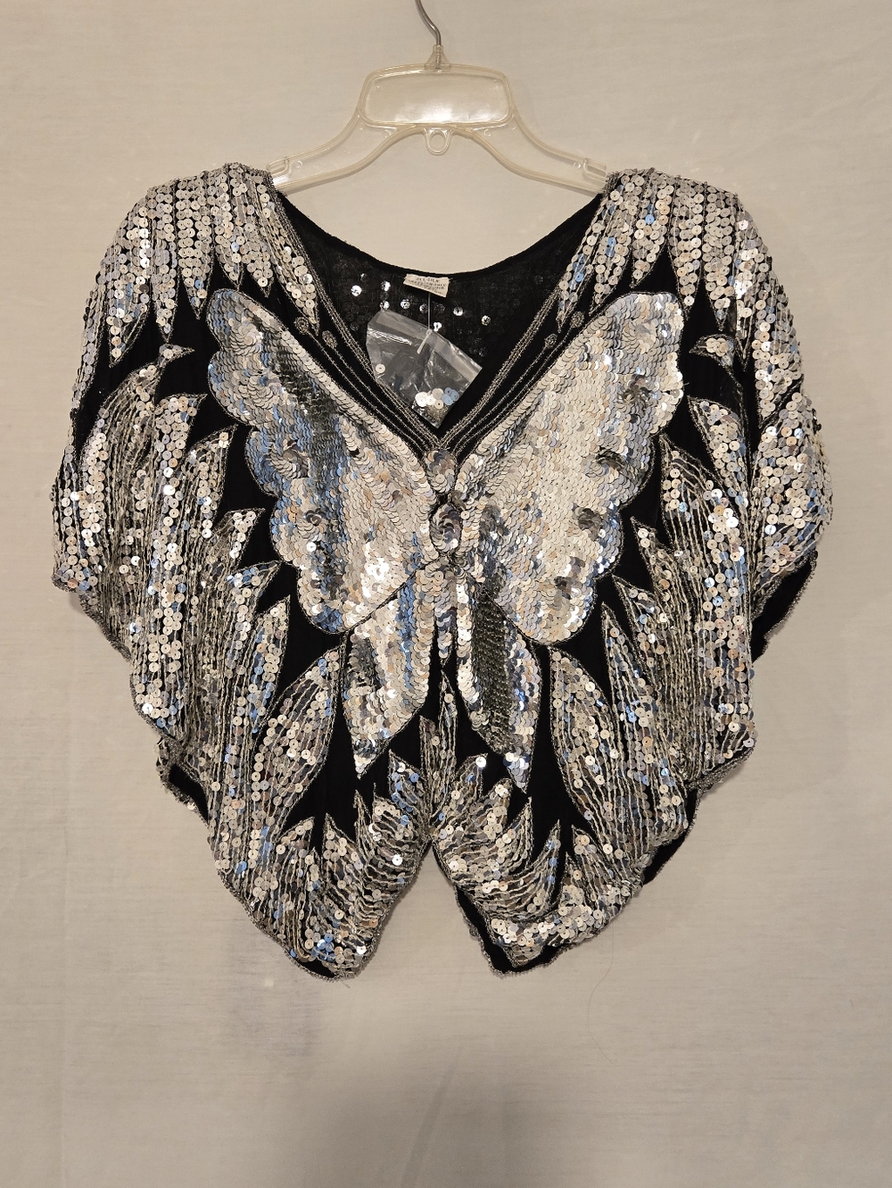 NWT 70s Vintage Butterfly Sequin Blouse Silver Black 100% Silk Disco One Size